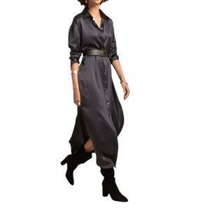 Banana Republic Muse Silk Maxi Shirt Dress Size Small Slate Smokey Gray